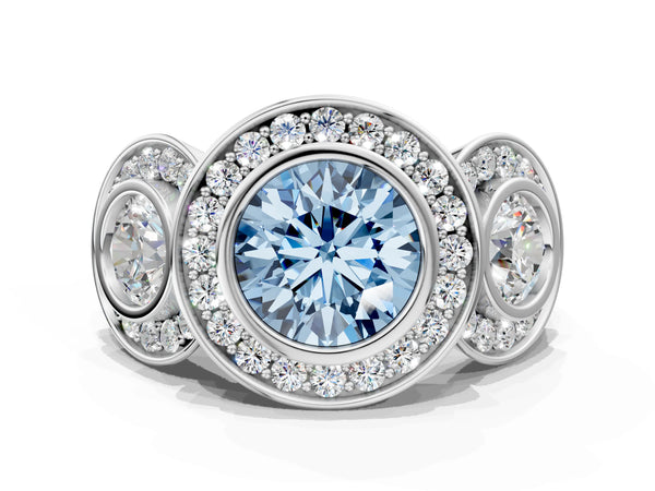 Platinum Round Bezel Three Stone Halo Engagement Ring Setting for Fancy Blue Center