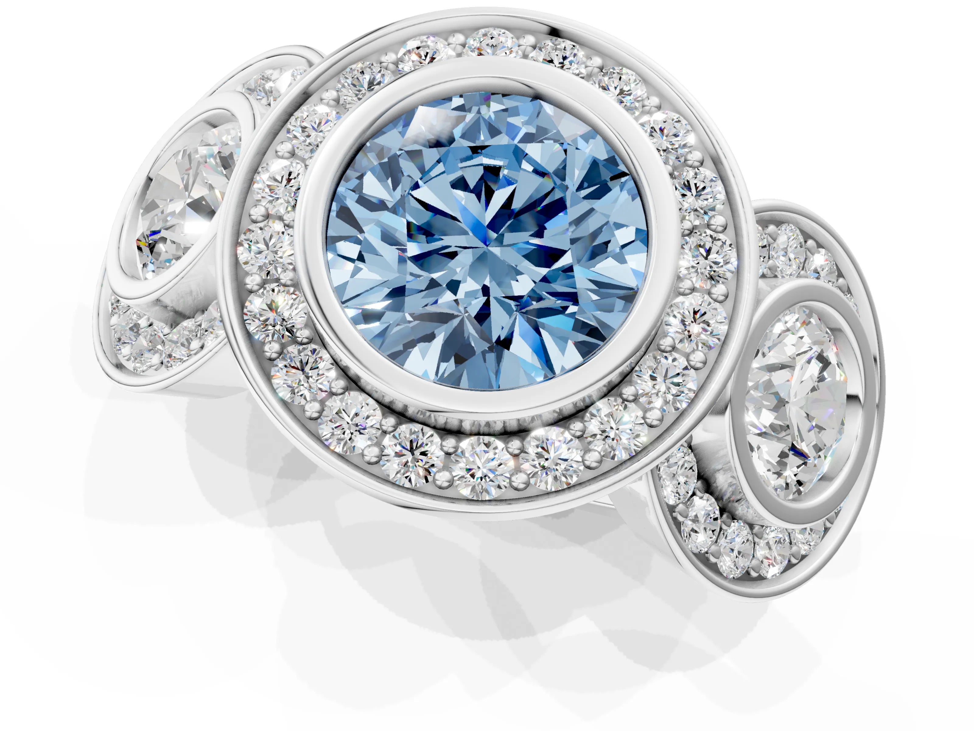 White gold Three-Stone Fancy Blue Round Cut Halo Pavé Diamond Ring_1