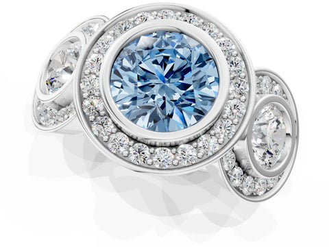 White gold Three-Stone Fancy Blue Round Cut Halo Pavé Diamond Ring_1