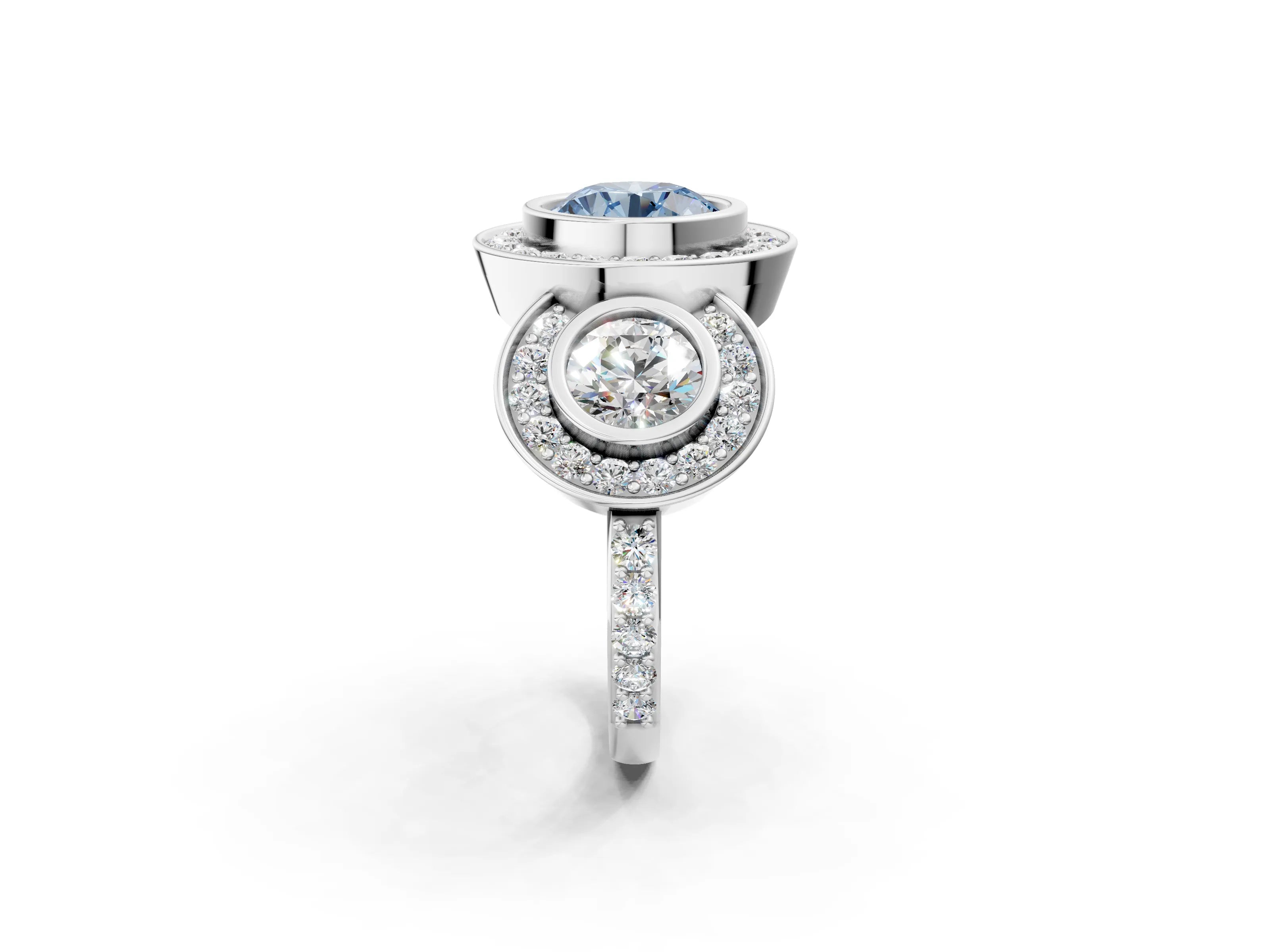 White gold Three-Stone Fancy Blue Round Cut Halo Pavé Diamond Ring_2