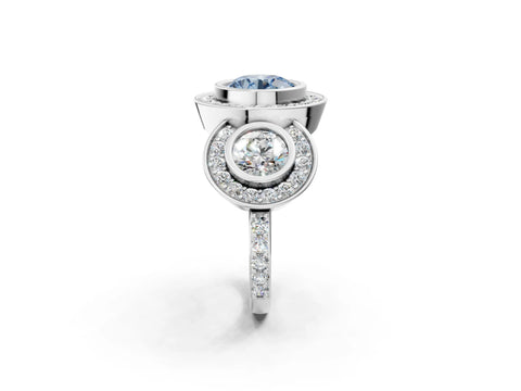 White gold Three-Stone Fancy Blue Round Cut Halo Pavé Diamond Ring_2