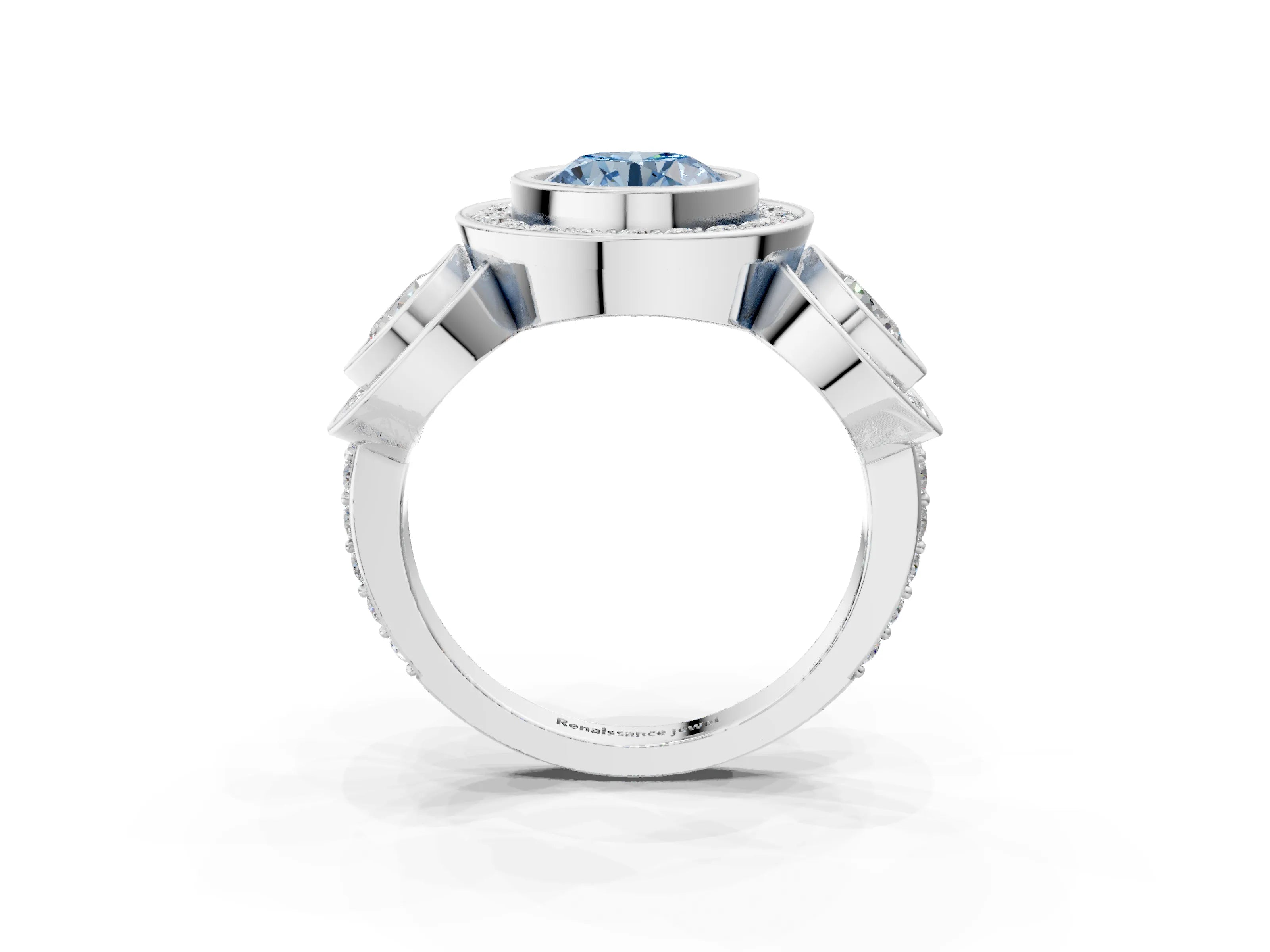 White gold Three-Stone Fancy Blue Round Cut Halo Pavé Diamond Ring_3