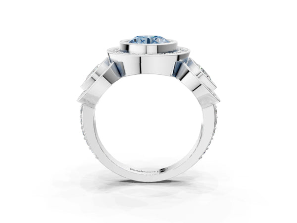 Platinum Round Bezel Three Stone Halo Engagement Ring Setting for Fancy Blue Center