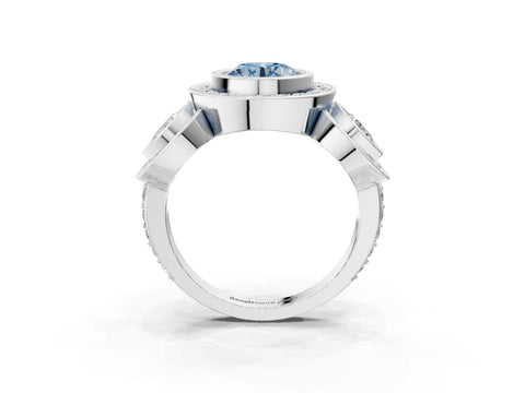 White gold Three-Stone Fancy Blue Round Cut Halo Pavé Diamond Ring_3