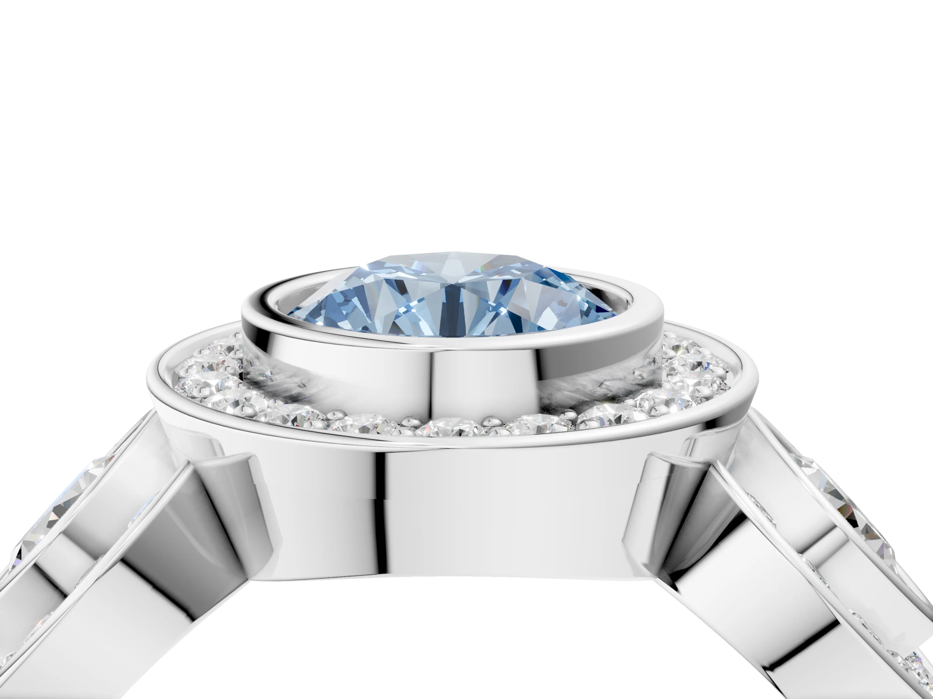 White gold Three-Stone Fancy Blue Round Cut Halo Pavé Diamond Ring_4