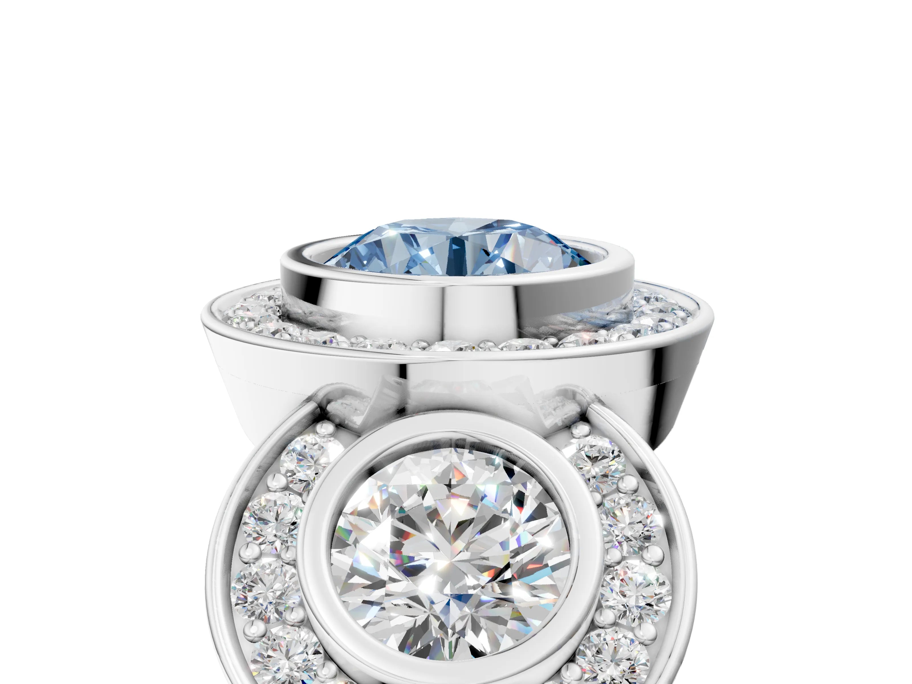 White gold Three-Stone Fancy Blue Round Cut Halo Pavé Diamond Ring_5