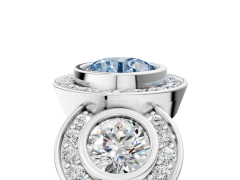White gold Three-Stone Fancy Blue Round Cut Halo Pavé Diamond Ring_5