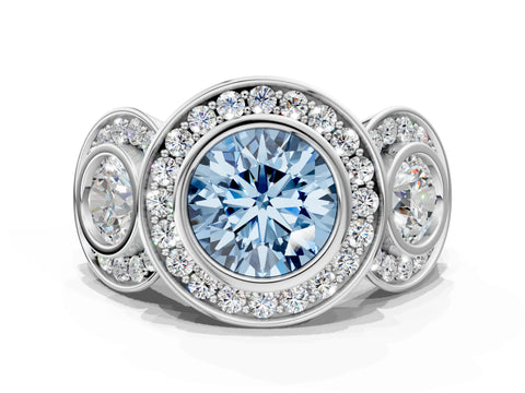 White gold Three-Stone Fancy Blue Round Cut Halo Pavé Diamond Ring