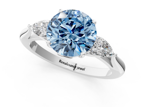 White gold Three-Stone Fancy Blue Round  Diamond Solitaire Ring with Pear Side Stones and Four-Prong Setting_32