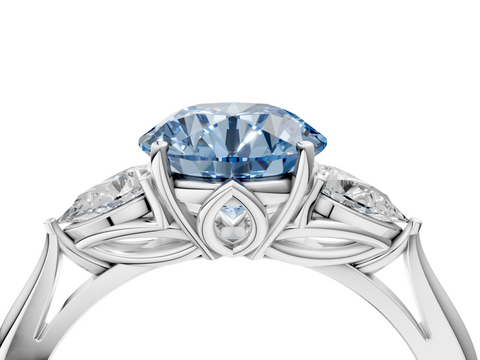 White gold Three-Stone Fancy Blue Round  Diamond Solitaire Ring with Pear Side Stones and Four-Prong Setting_35