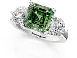 White gold Three-Stone Fancy Green Asscher  Brilliant Cut Solitaire Ring with Prong Setting on a Classic Band 1