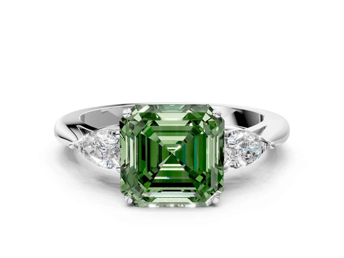 White gold Three-Stone Fancy Green Asscher Cut Brilliant Diamond Solitaire Ring with Tapered Band and Four-Prong Setting_19