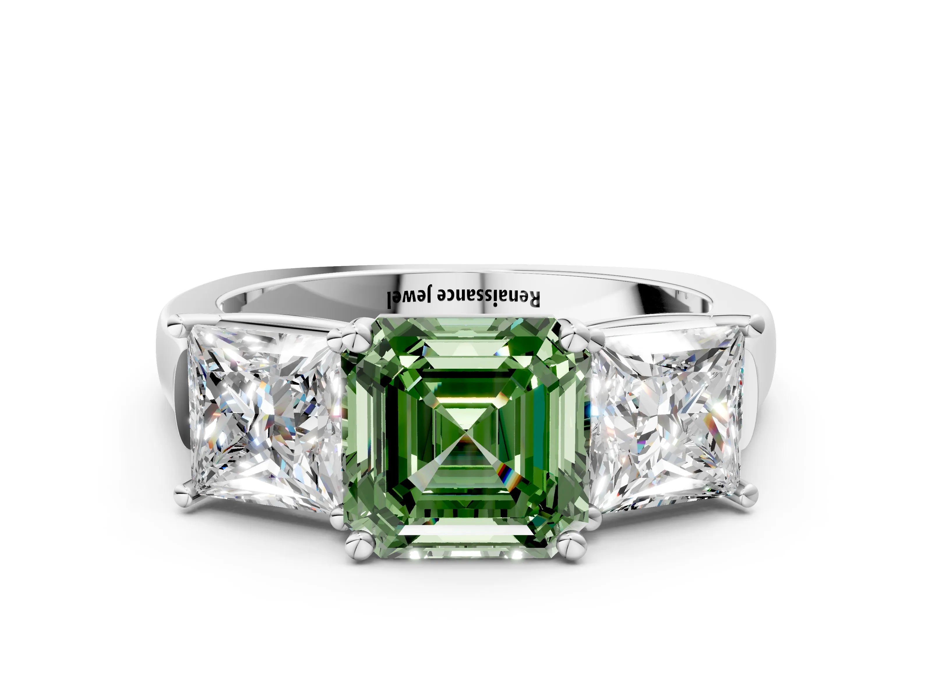 White gold Three-Stone Fancy Green Asscher Cut Brilliant Diamond Trellis Ring with Comfort Fit Band_12