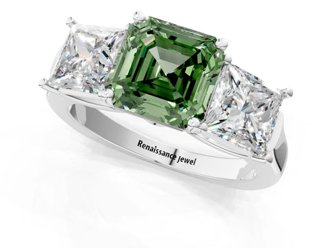 White gold Three-Stone Fancy Green Asscher Cut Brilliant Diamond Trellis Ring with Comfort Fit Band_13