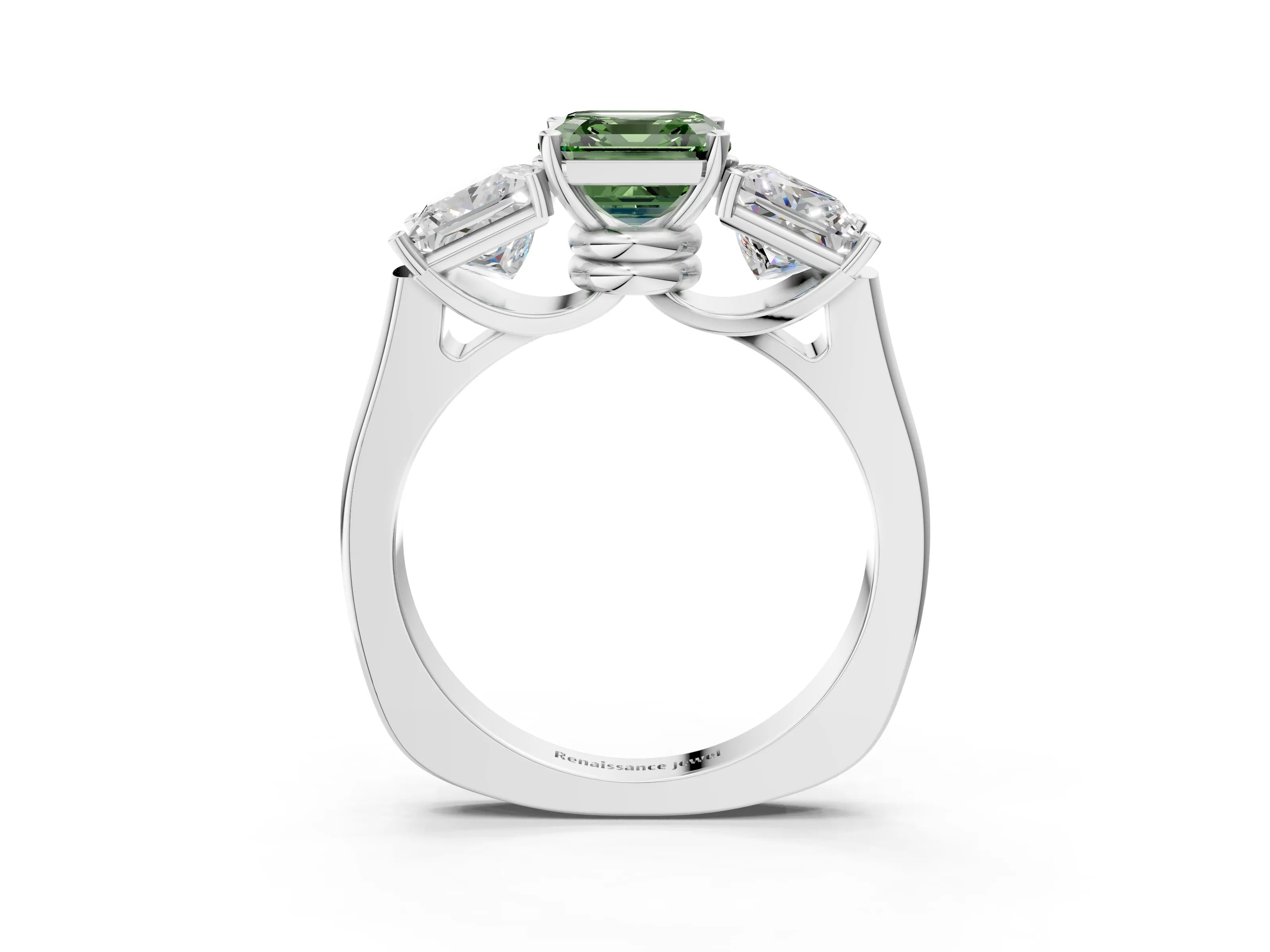 White gold Three-Stone Fancy Green Asscher Cut Brilliant Diamond Trellis Ring with Comfort Fit Band_15