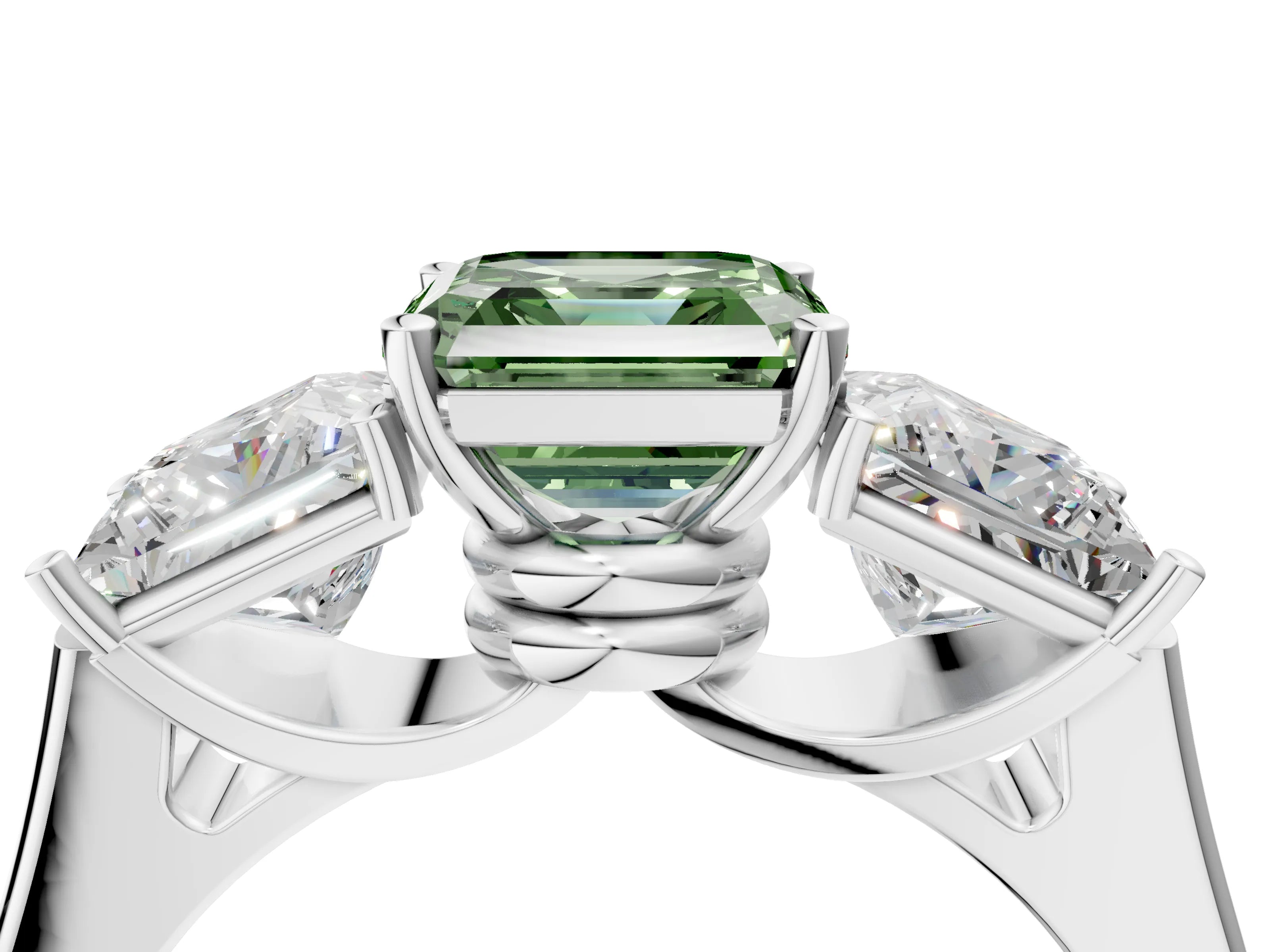 White gold Three-Stone Fancy Green Asscher Cut Brilliant Diamond Trellis Ring with Comfort Fit Band_16