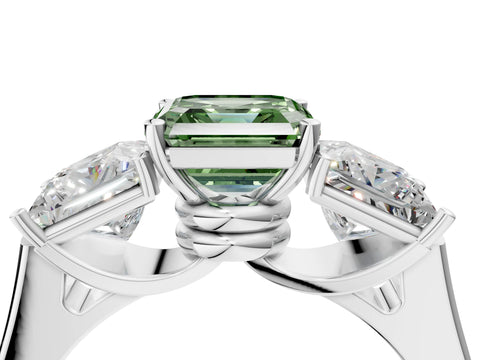 White gold Three-Stone Fancy Green Asscher Cut Brilliant Diamond Trellis Ring with Comfort Fit Band_16