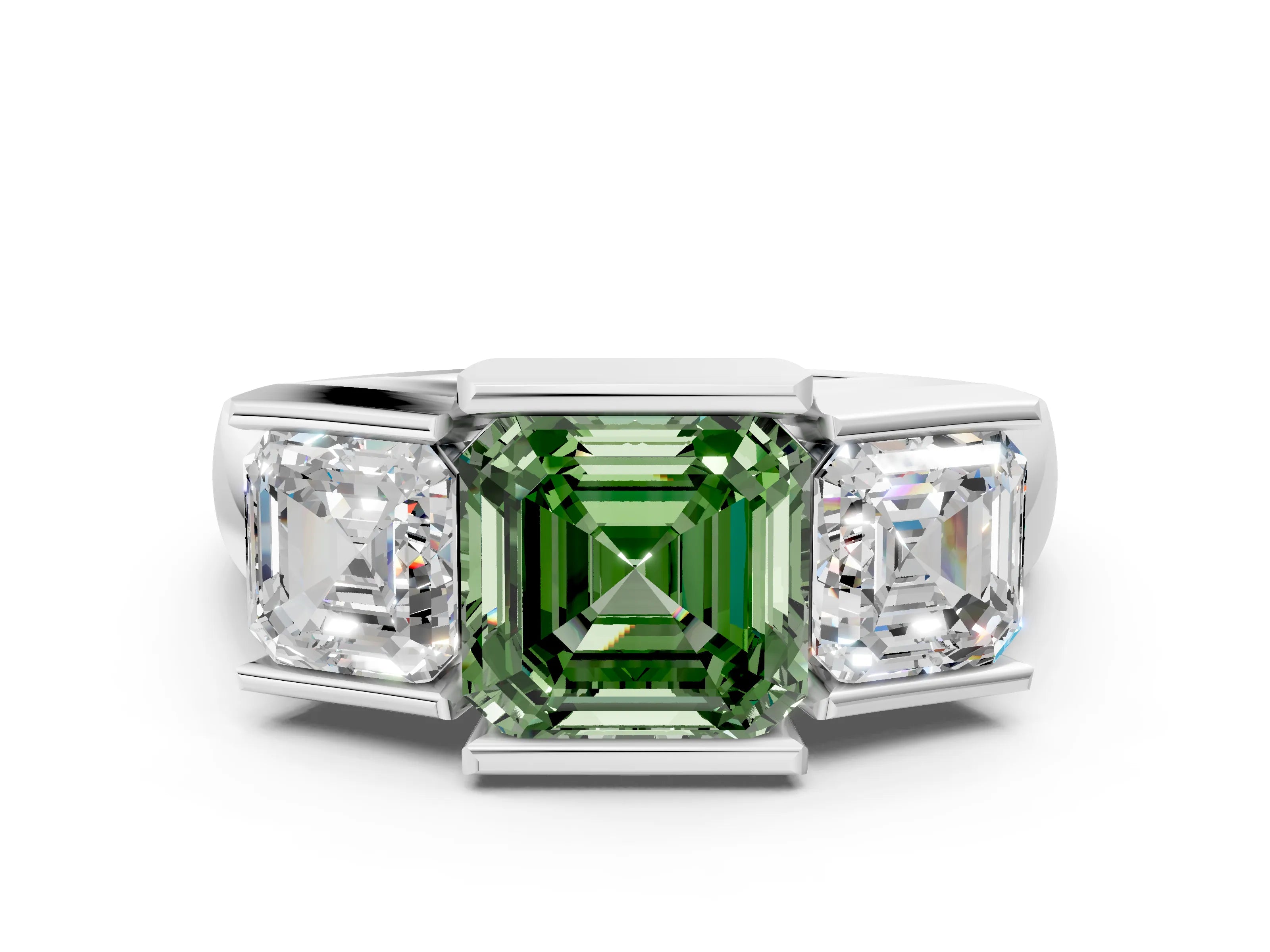 White gold Three Stone Fancy Green Asscher Cut Cut Channel Set Diamond Ring_24