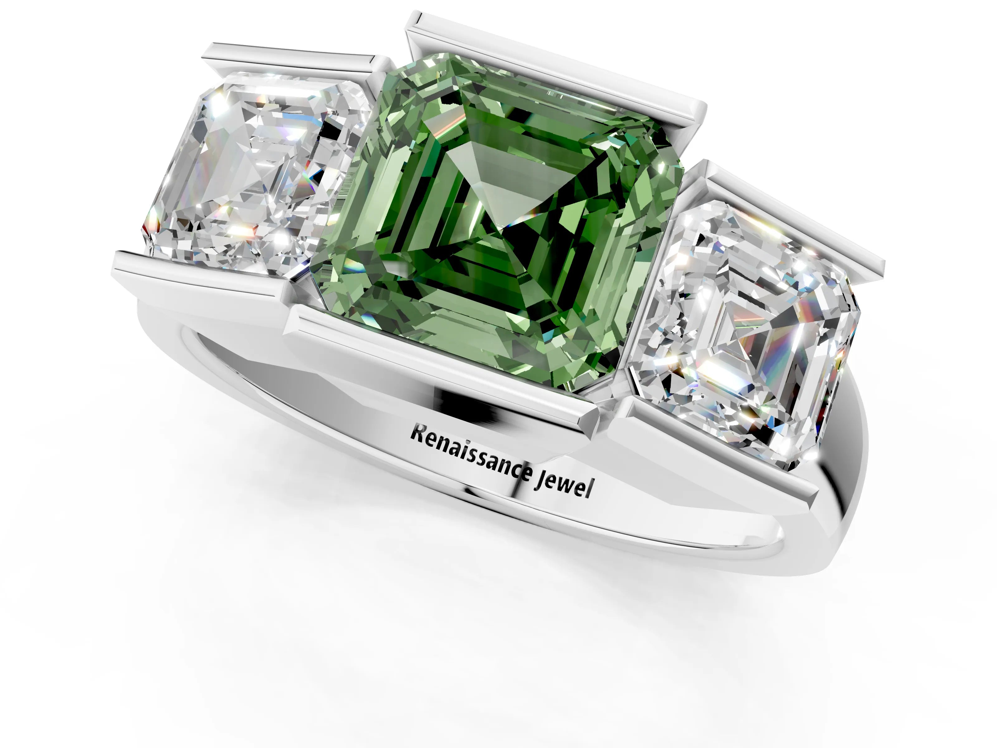 White gold Three Stone Fancy Green Asscher Cut Cut Channel Set Diamond Ring_25