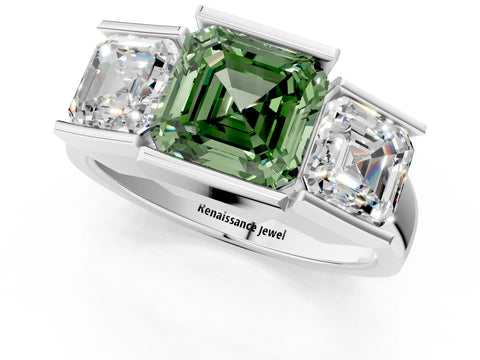 White gold Three Stone Fancy Green Asscher Cut Cut Channel Set Diamond Ring_25