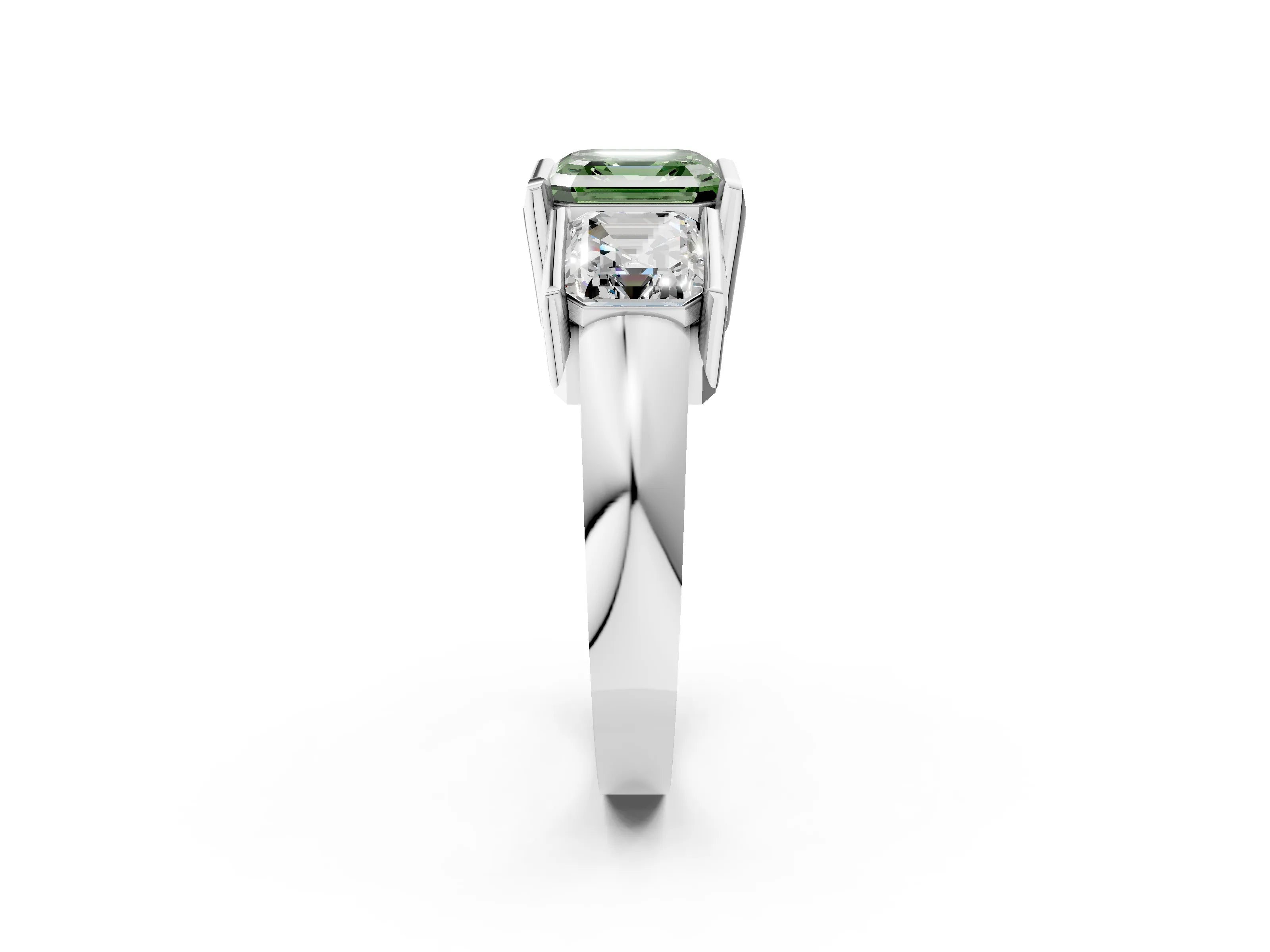 White gold Three Stone Fancy Green Asscher Cut Cut Channel Set Diamond Ring_26