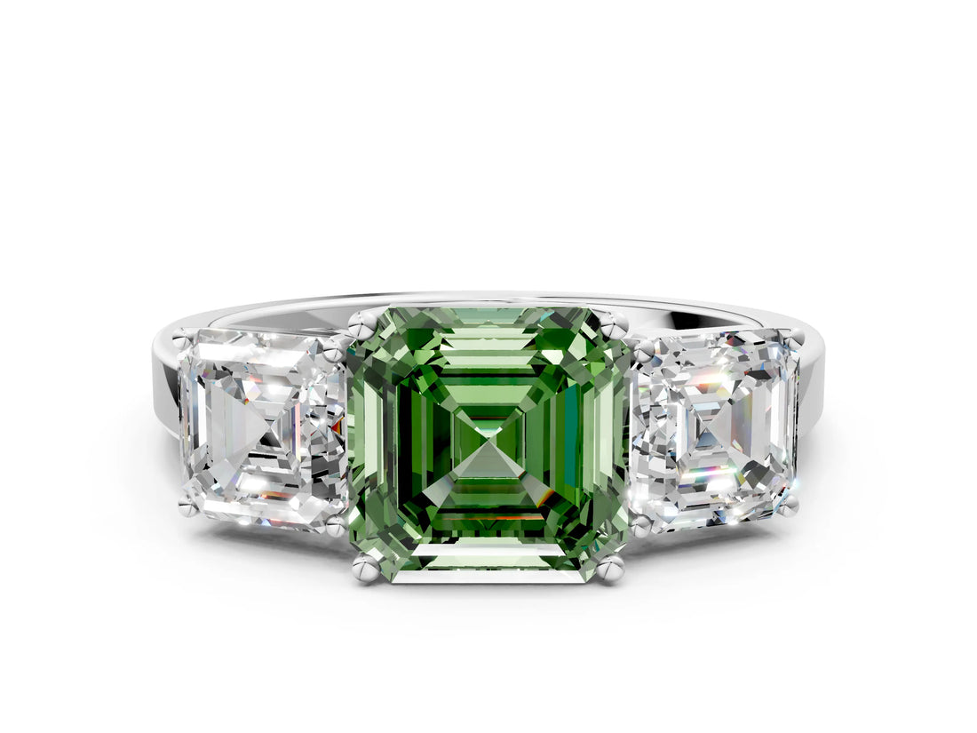 White gold Three-Stone Fancy Green Asscher Cut Cut Diamond Engagement Ring with Flat Band and Four-Prong Setting_12