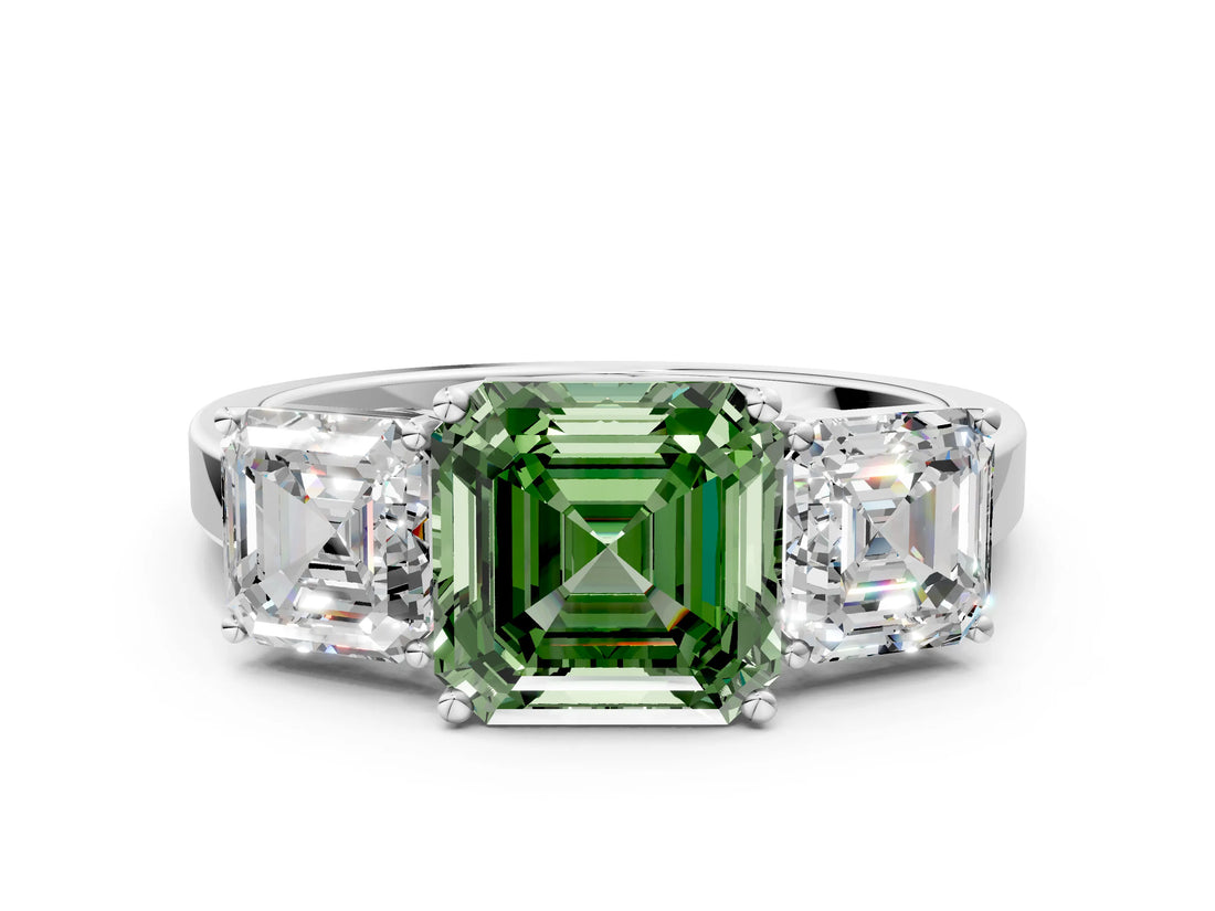 White gold Three-Stone Fancy Green Asscher Cut Cut Diamond Engagement Ring with Flat Band and Four-Prong Setting_12