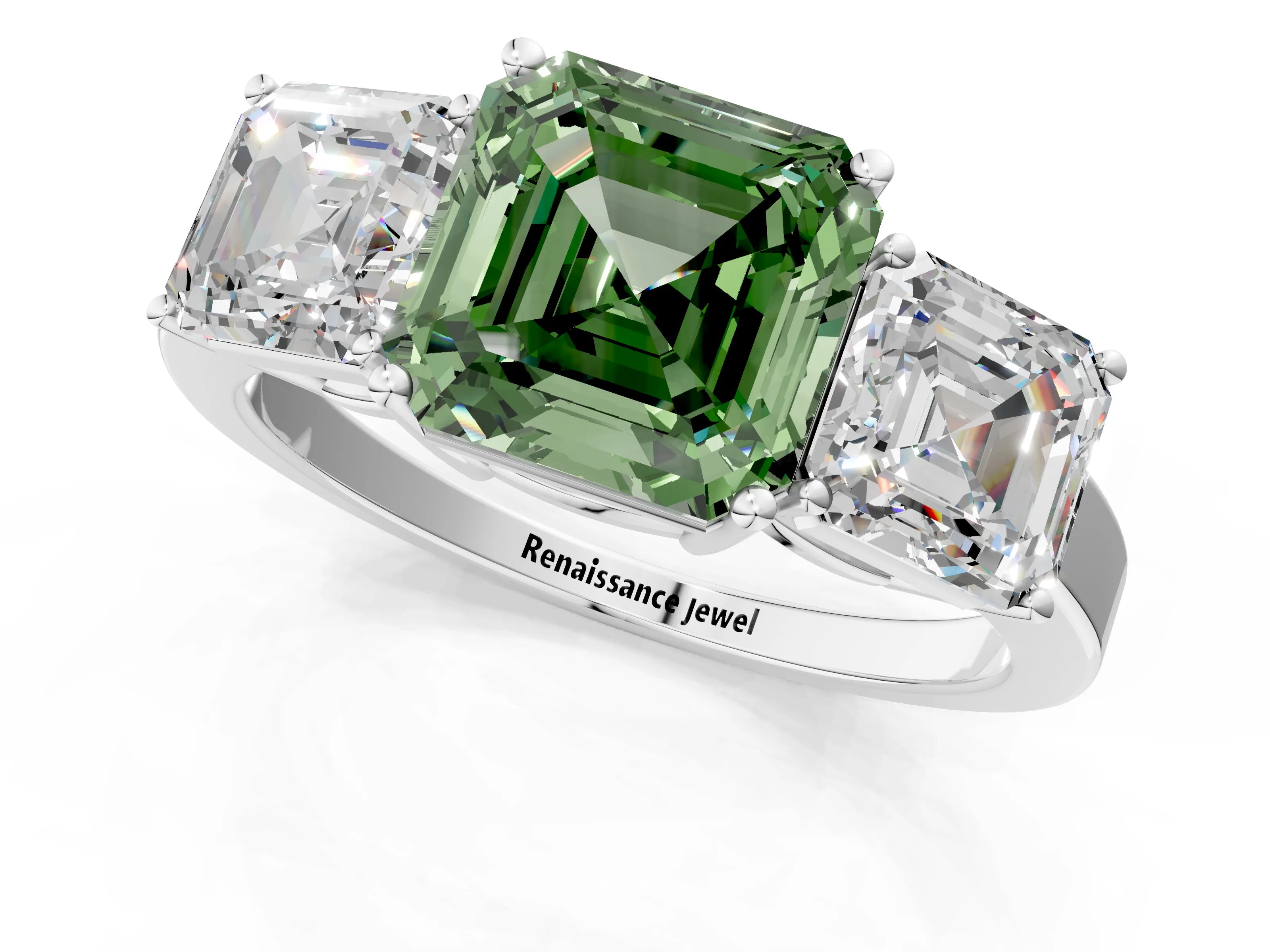 White gold Three-Stone Fancy Green Asscher Cut Cut Diamond Engagement Ring with Flat Band and Four-Prong Setting_13