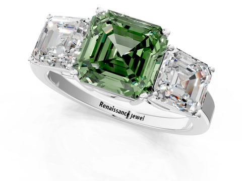 White gold Three-Stone Fancy Green Asscher Cut Cut Diamond Engagement Ring with Flat Band and Four-Prong Setting_13