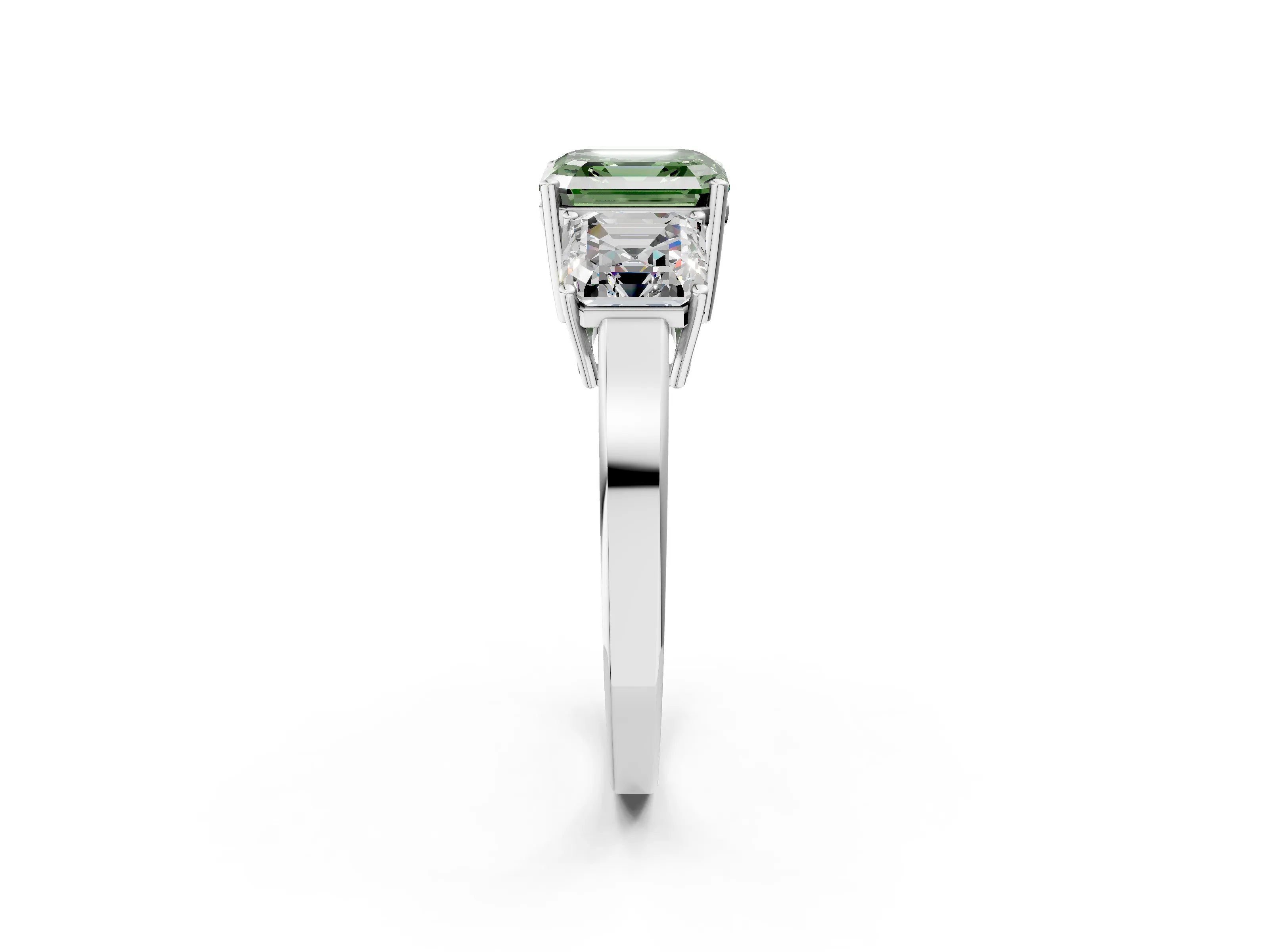 White gold Three-Stone Fancy Green Asscher Cut Cut Diamond Engagement Ring with Flat Band and Four-Prong Setting_14
