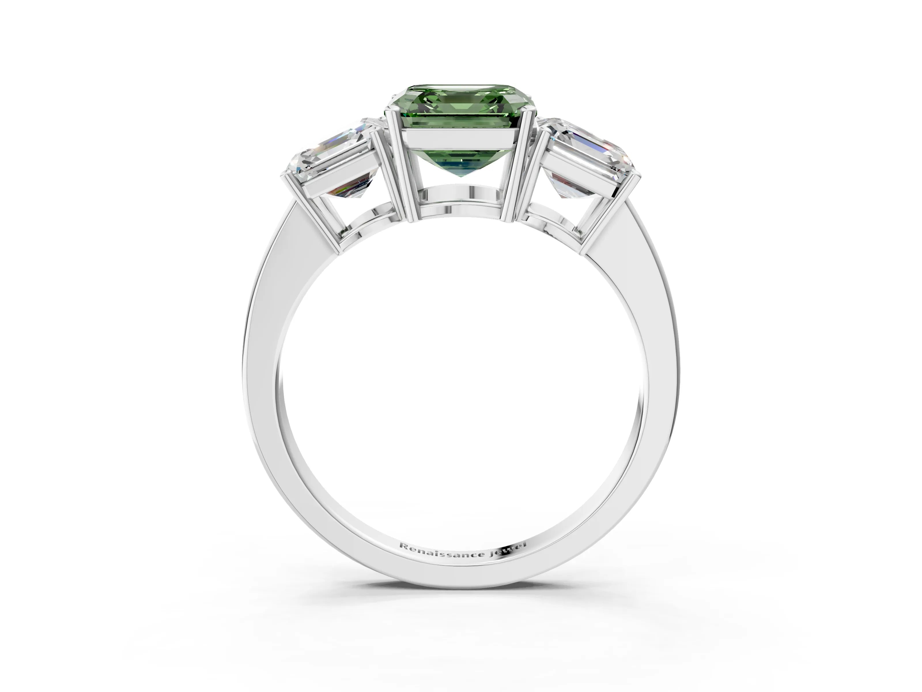 White gold Three-Stone Fancy Green Asscher Cut Cut Diamond Engagement Ring with Flat Band and Four-Prong Setting_15