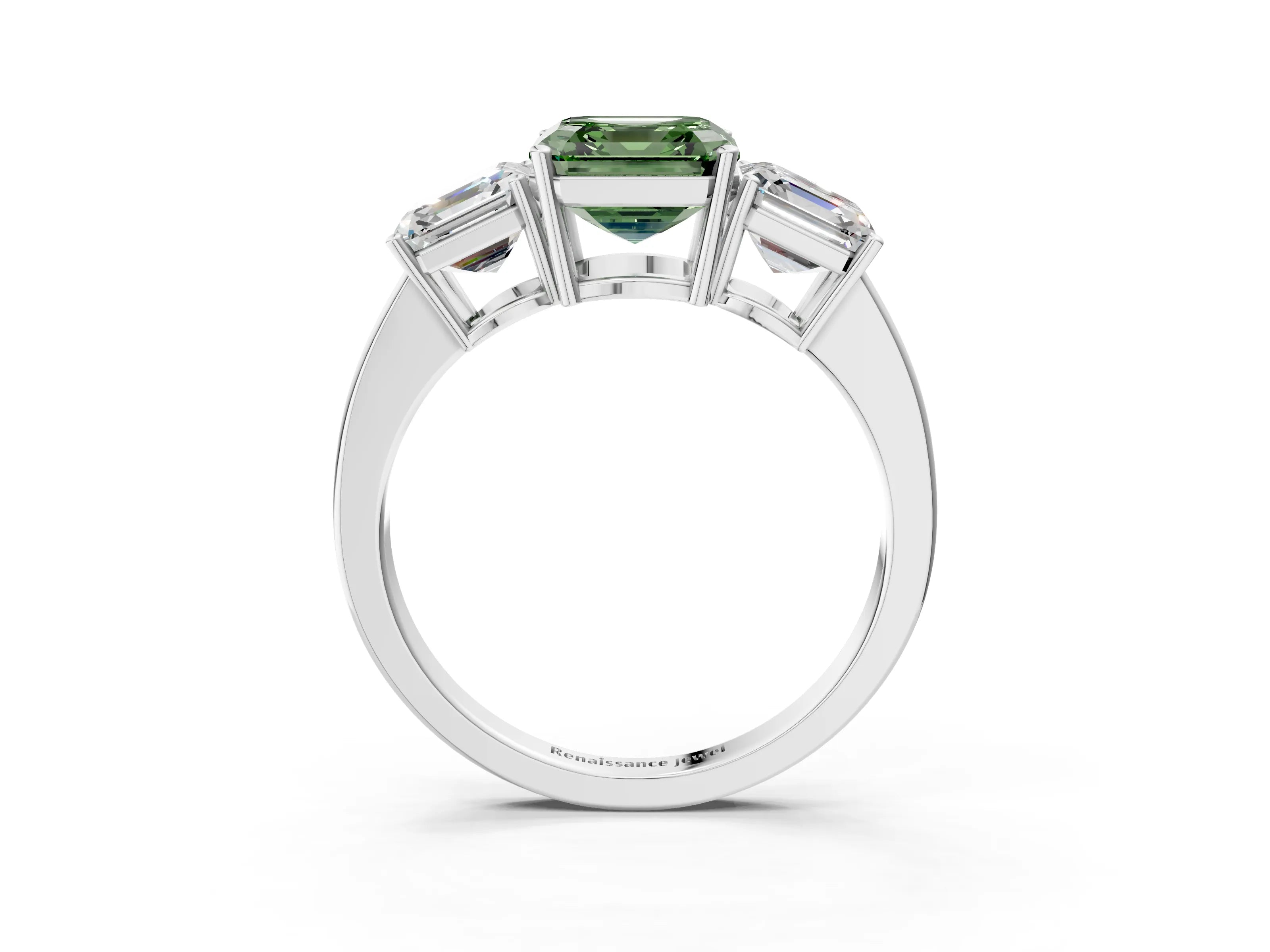 White gold Three-Stone Fancy Green Asscher Cut Cut Diamond Engagement Ring with Flat Band and Four-Prong Setting_15
