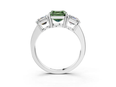 White gold Three-Stone Fancy Green Asscher Cut Cut Diamond Engagement Ring with Flat Band and Four-Prong Setting_15
