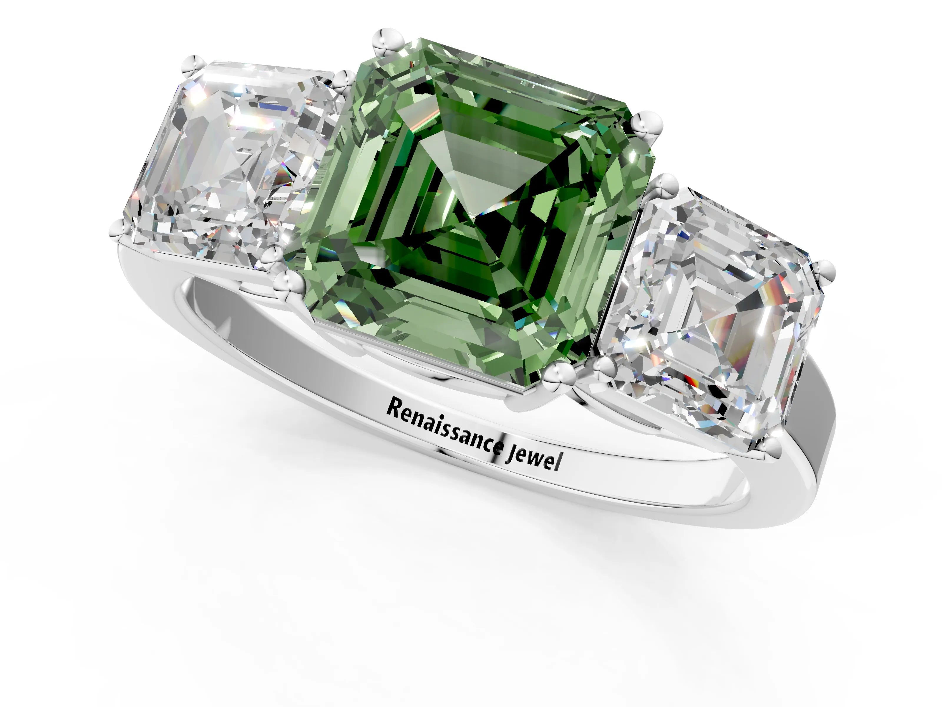 White gold Three-Stone Fancy Green Asscher Cut Cut Diamond Engagement Ring with Flat Band and Four-Prong Setting_1