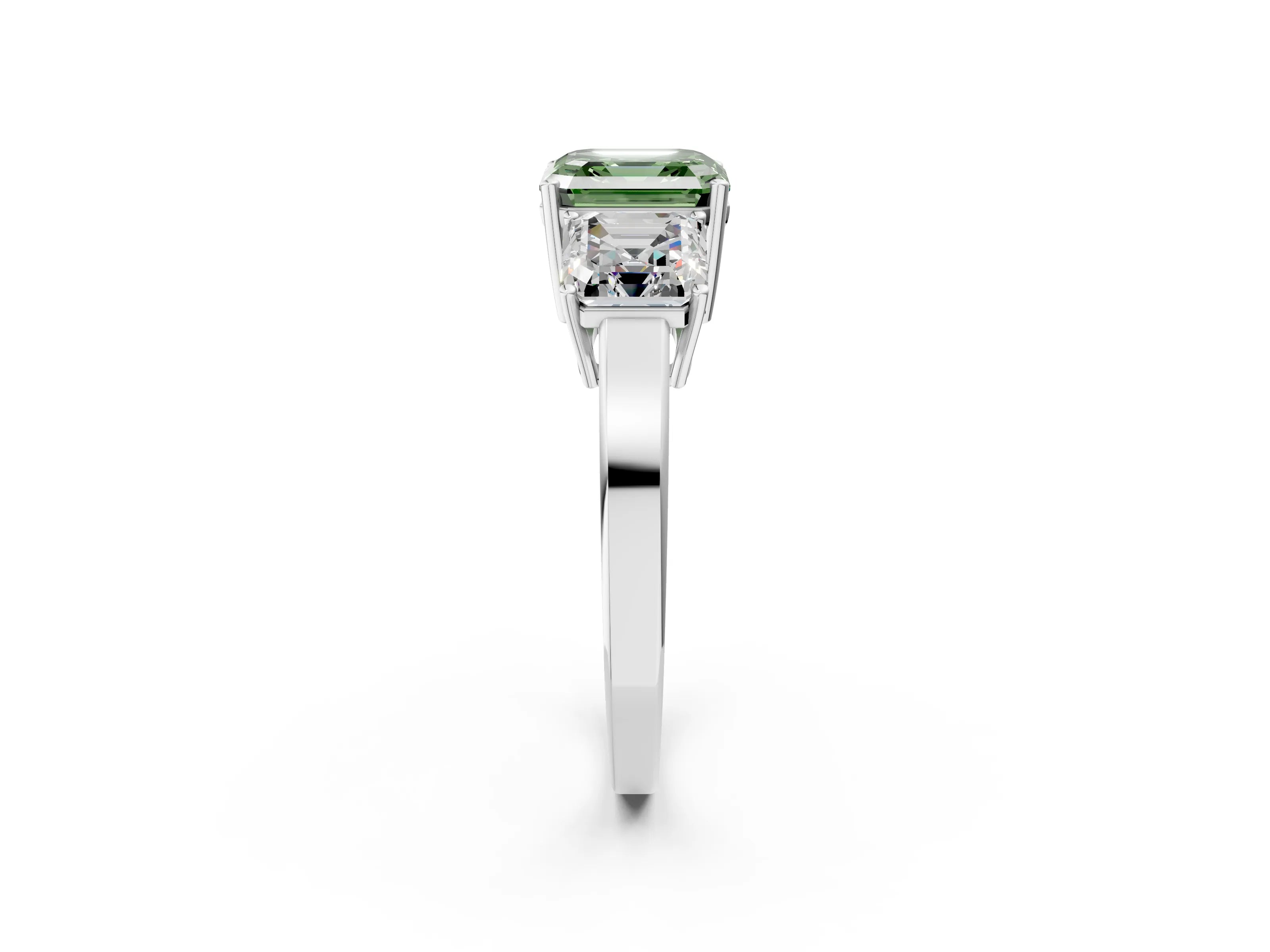 White gold Three-Stone Fancy Green Asscher Cut Cut Diamond Engagement Ring with Flat Band and Four-Prong Setting_2
