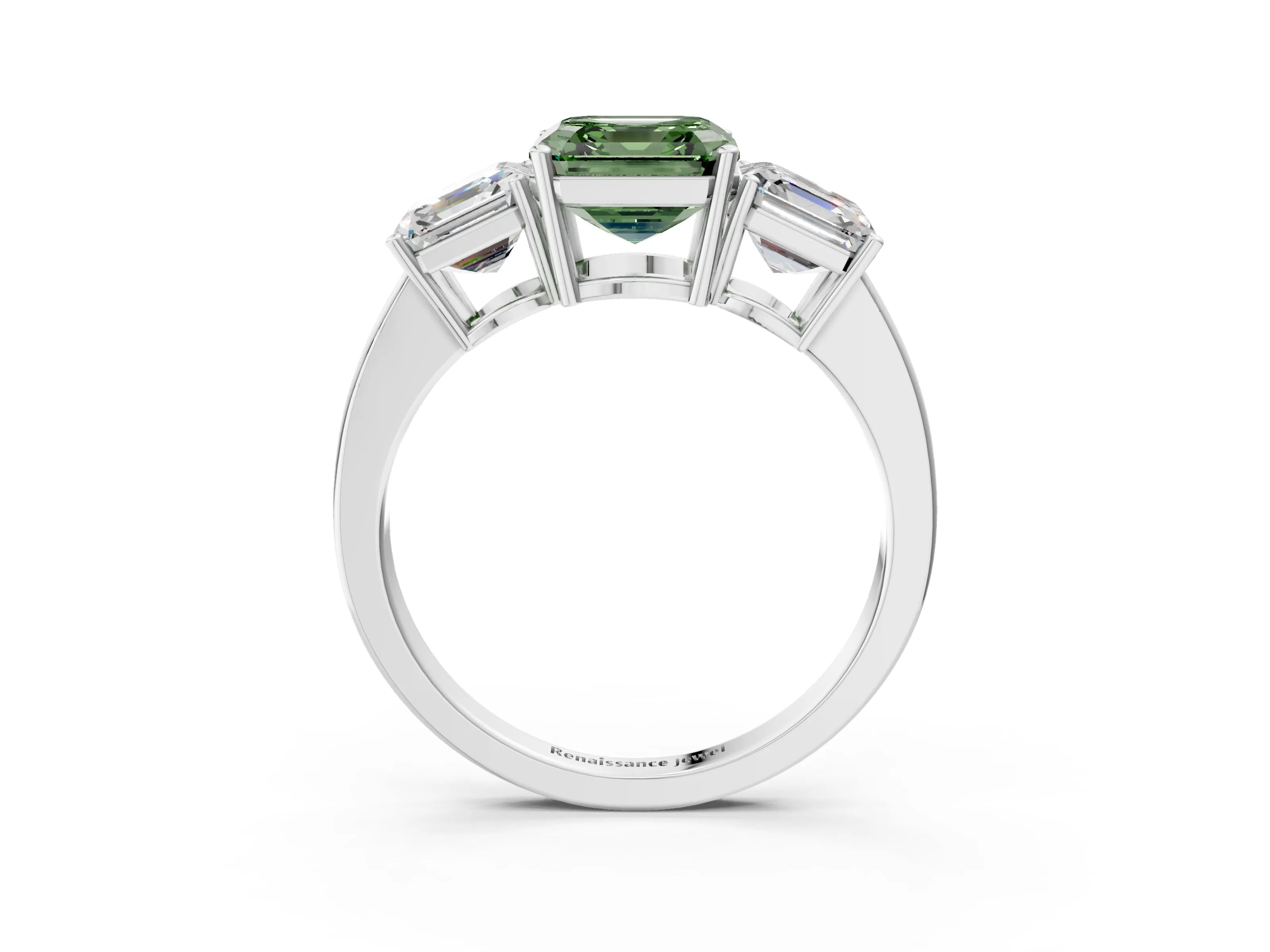 White gold Three-Stone Fancy Green Asscher Cut Cut Diamond Engagement Ring with Flat Band and Four-Prong Setting_3