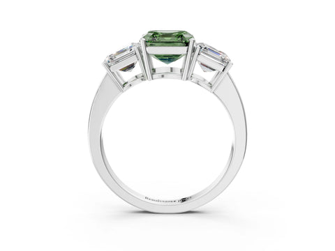 White gold Three-Stone Fancy Green Asscher Cut Cut Diamond Engagement Ring with Flat Band and Four-Prong Setting_3