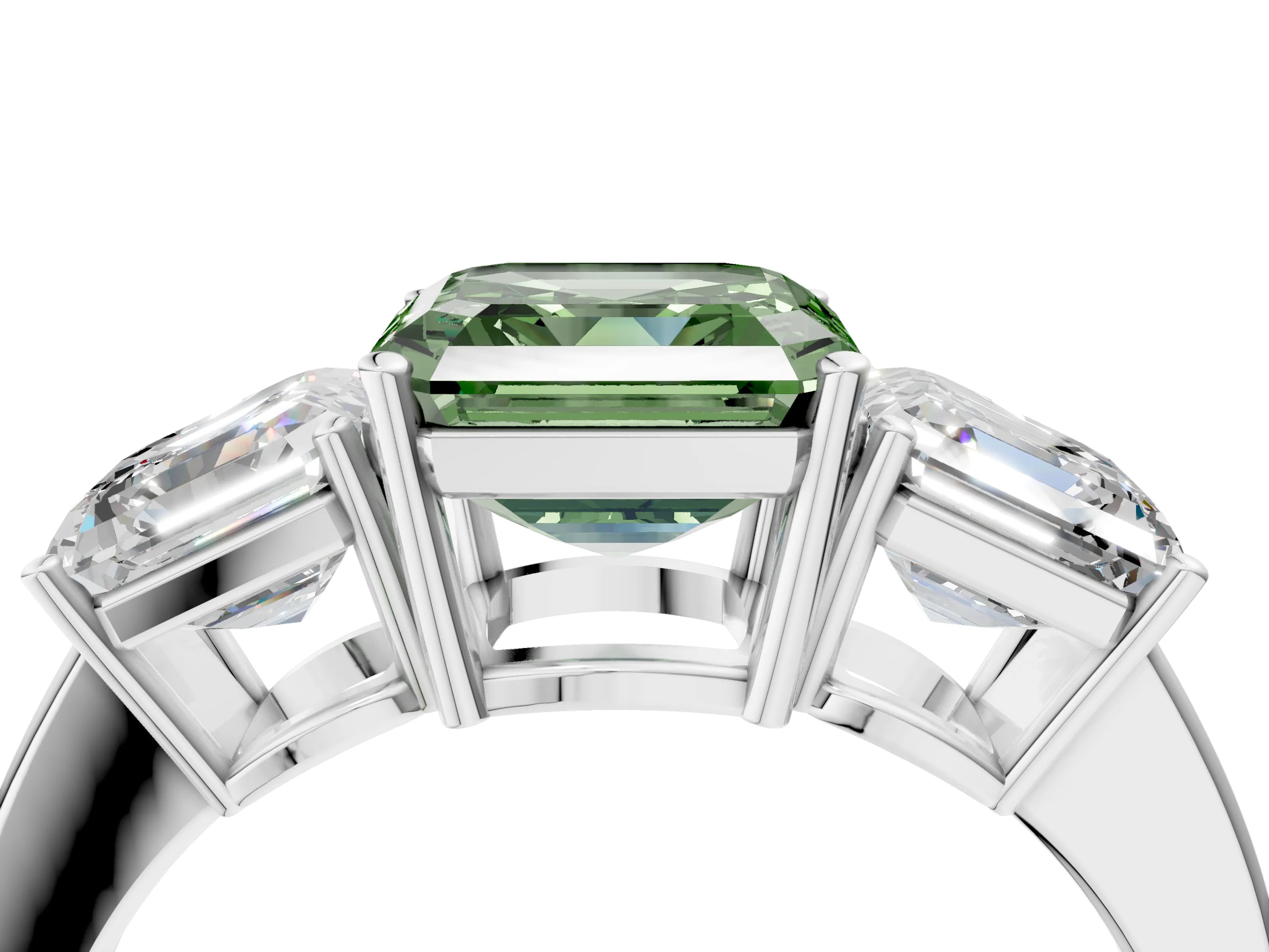 White gold Three-Stone Fancy Green Asscher Cut Cut Diamond Engagement Ring with Flat Band and Four-Prong Setting_4