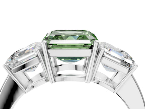 White gold Three-Stone Fancy Green Asscher Cut Cut Diamond Engagement Ring with Flat Band and Four-Prong Setting_4