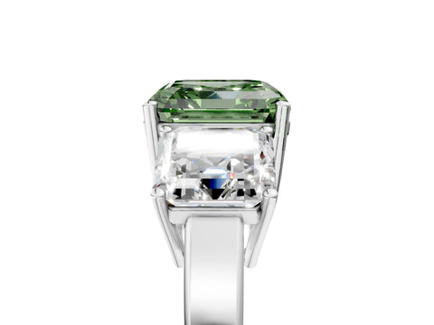 White gold Three-Stone Fancy Green Asscher Cut Cut Diamond Engagement Ring with Flat Band and Four-Prong Setting_5