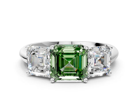 White gold Three-Stone Fancy Green Asscher Cut Cut Diamond Engagement Ring with Prong Setting on a White Gold Band_12