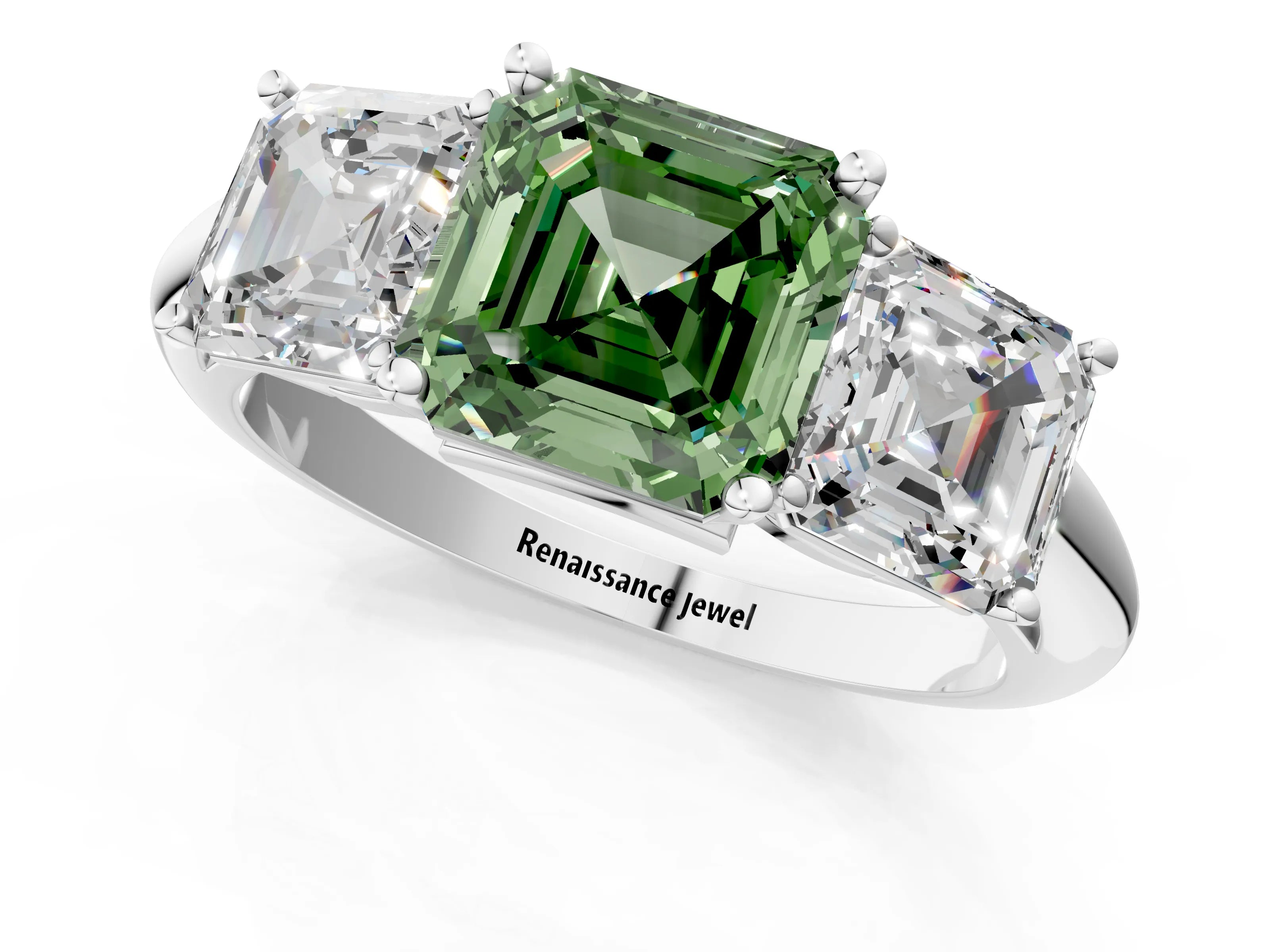 White gold Three-Stone Fancy Green Asscher Cut Cut Diamond Engagement Ring with Prong Setting on a White Gold Band_13