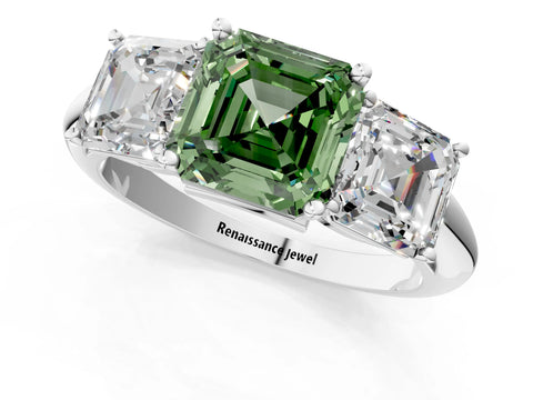 White gold Three-Stone Fancy Green Asscher Cut Cut Diamond Engagement Ring with Prong Setting on a White Gold Band_13