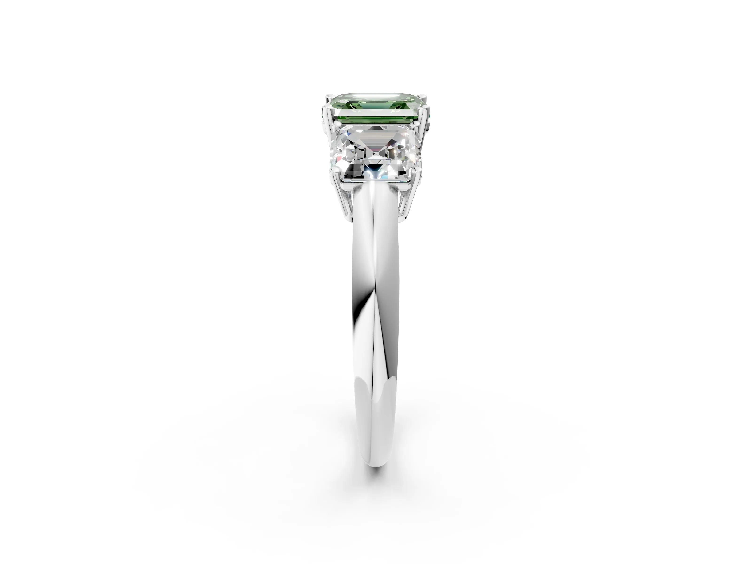 White gold Three-Stone Fancy Green Asscher Cut Cut Diamond Engagement Ring with Prong Setting on a White Gold Band_14