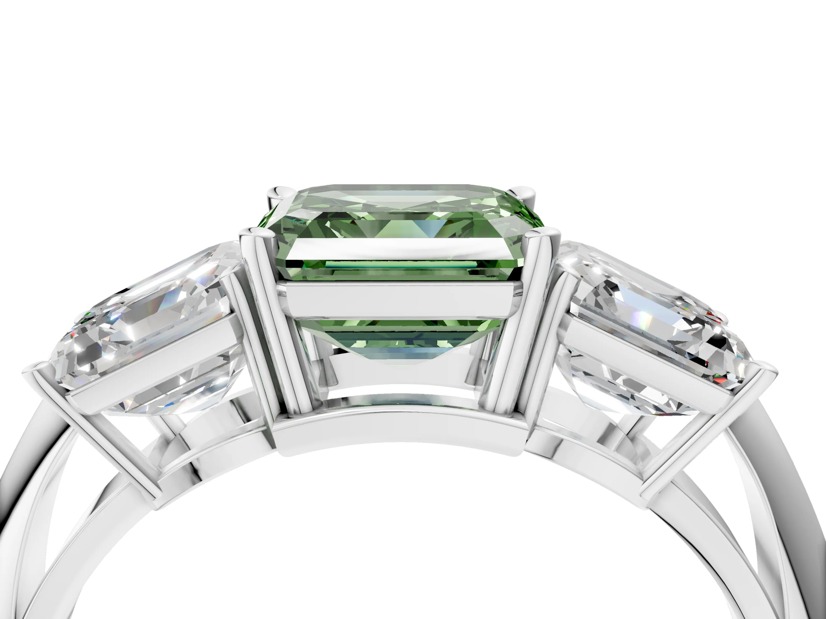 White gold Three-Stone Fancy Green Asscher Cut Cut Diamond Engagement Ring with Prong Setting on a White Gold Band_16