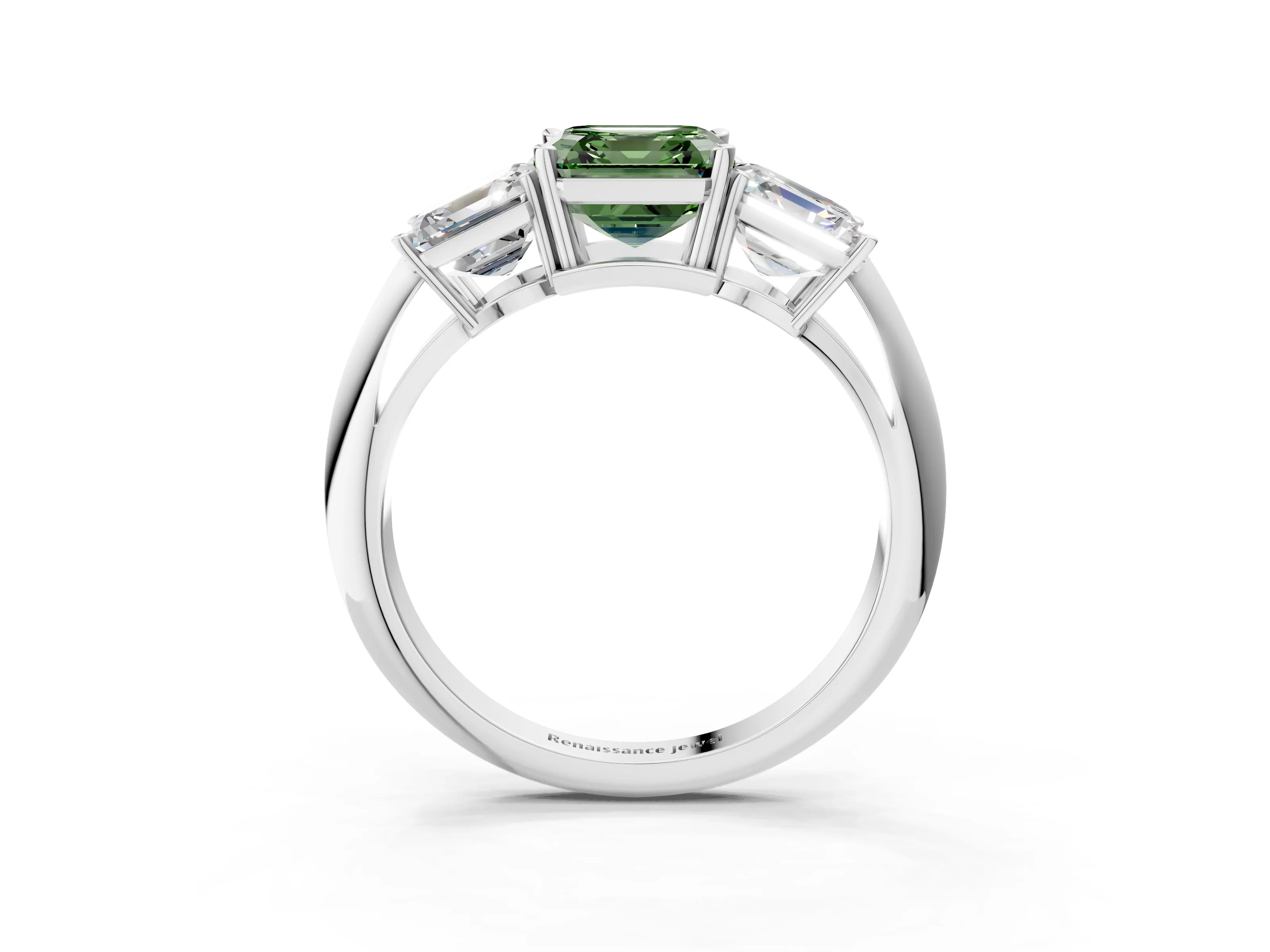 White gold Three-Stone Fancy Green Asscher Cut Cut Diamond Engagement Ring with Prong Setting on a White Gold Band_27