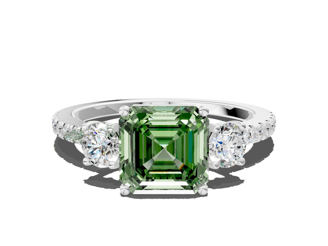 White gold Three-Stone Fancy Green Asscher Cut Cut Diamond Pavé Band with Prong Setting_27