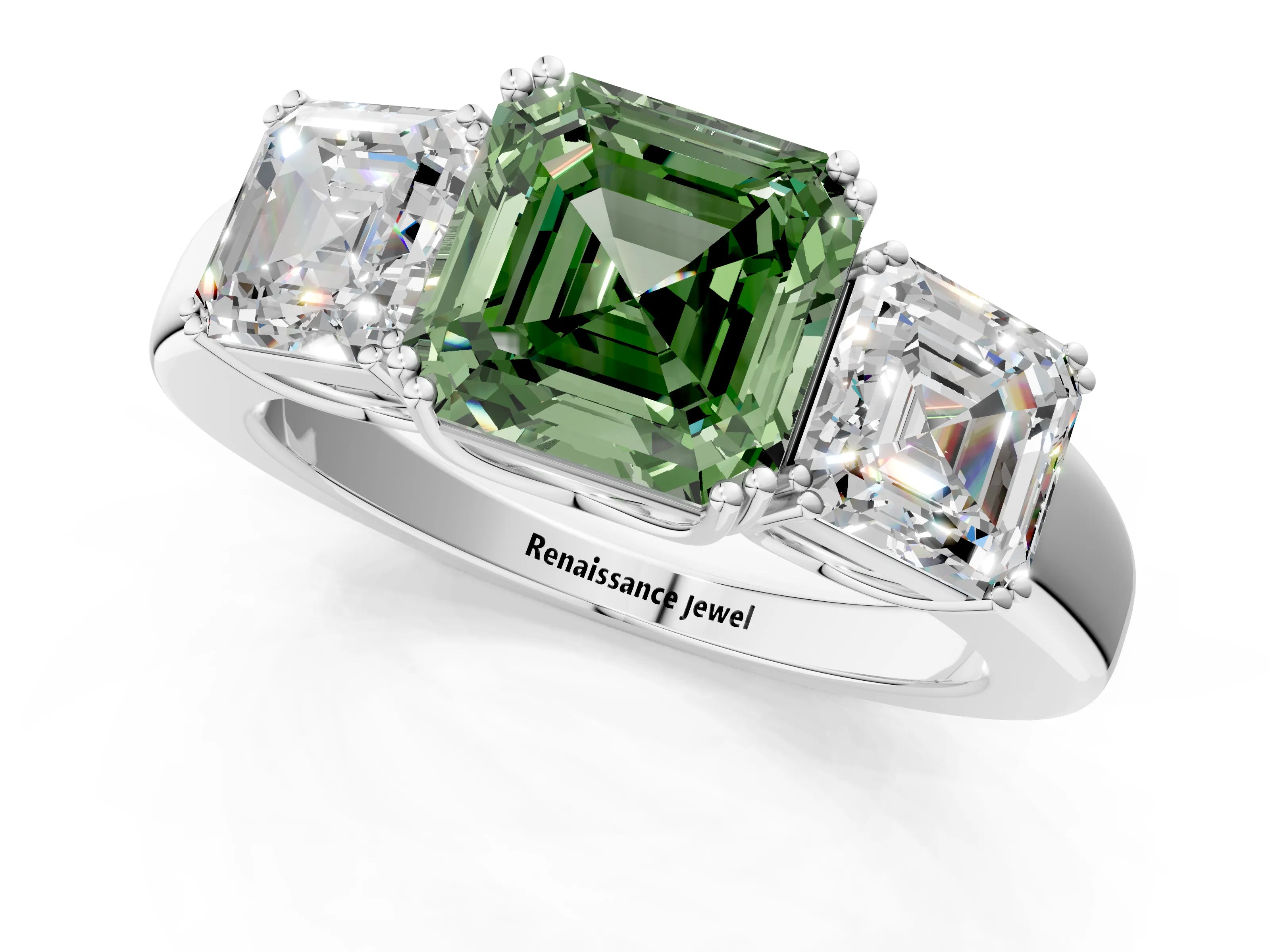 White gold Three-Stone Fancy Green Asscher Cut Cut Diamond Ring with Channel Set Band and Four-Prong Setting_1