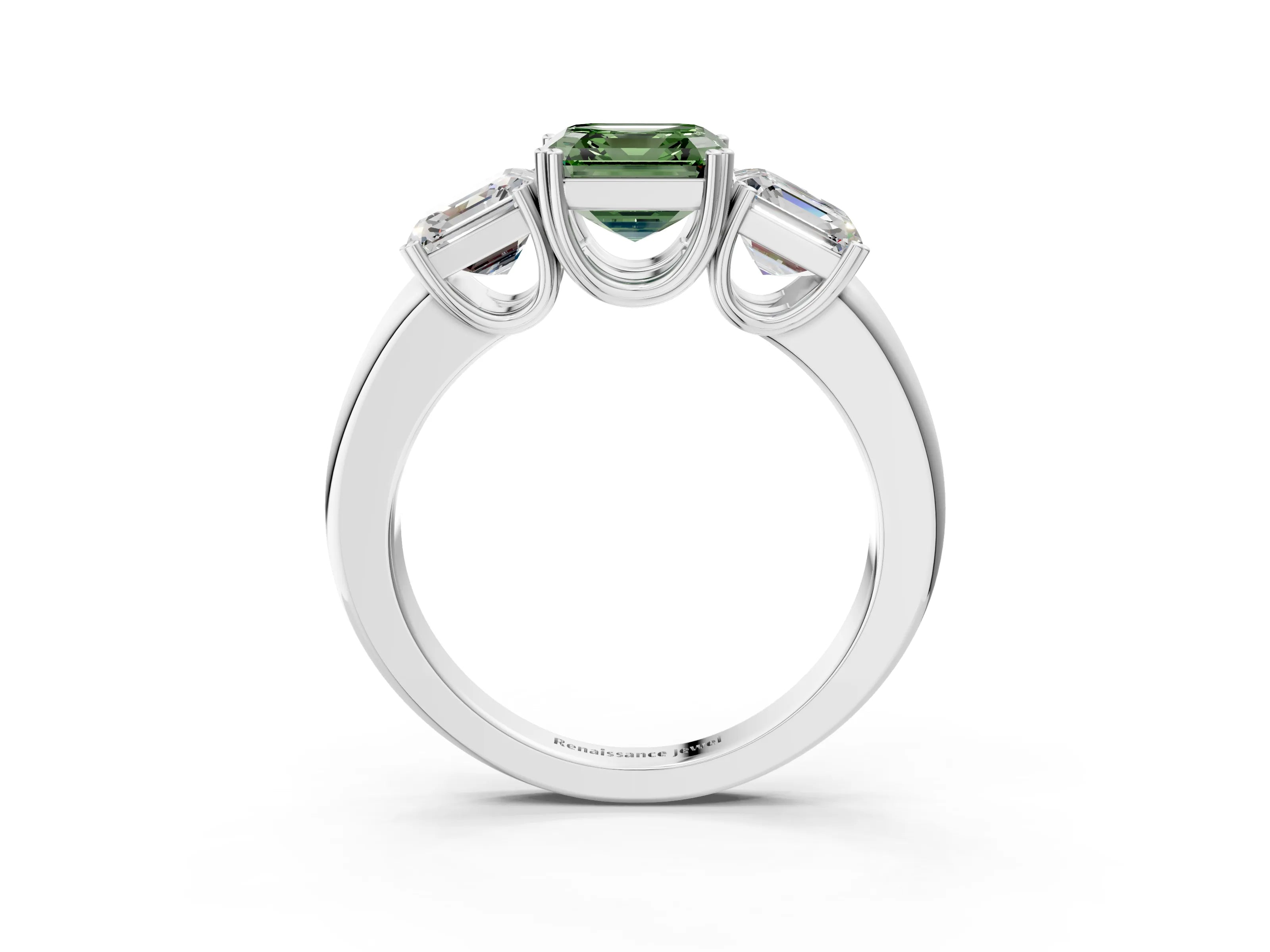 White gold Three-Stone Fancy Green Asscher Cut Cut Diamond Ring with Channel Set Band and Four-Prong Setting_3