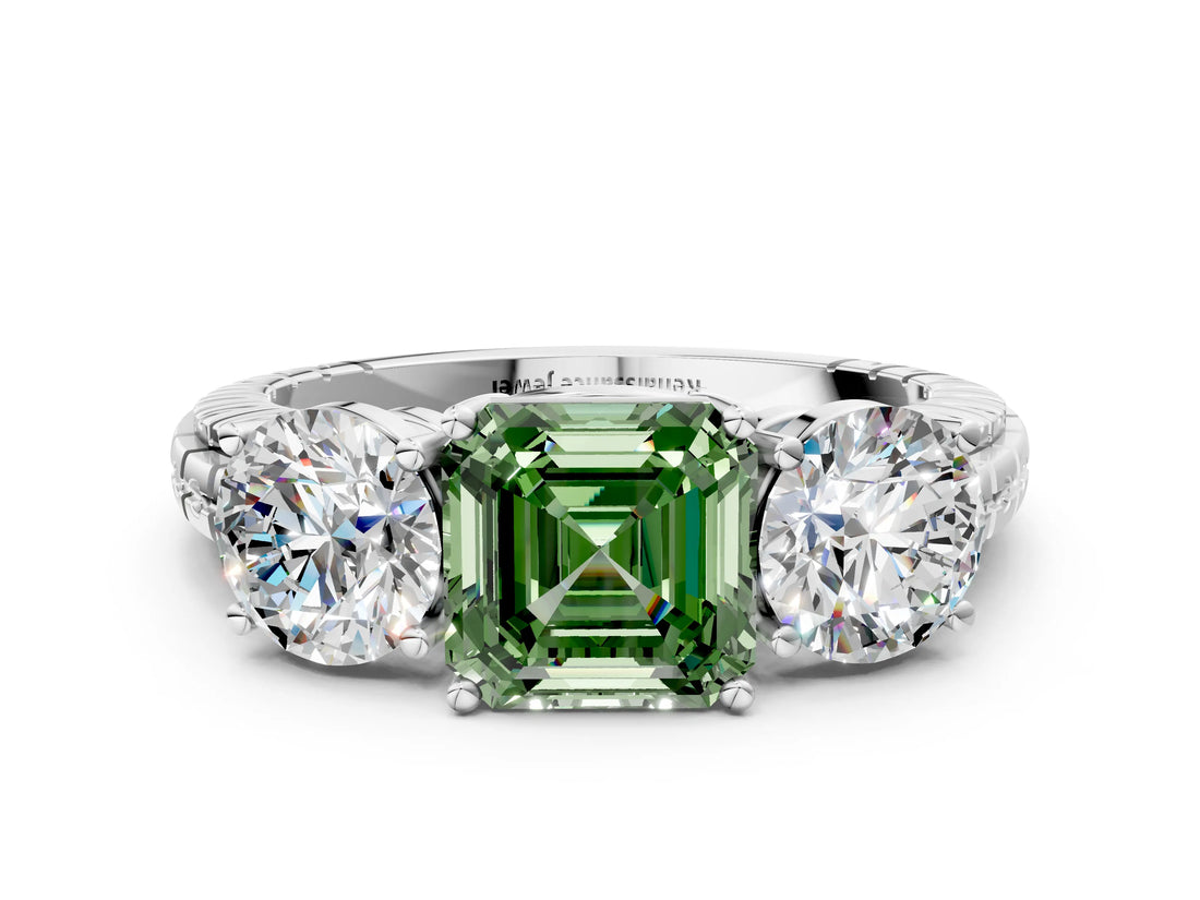 White gold Three-Stone Fancy Green Asscher Cut Cut Diamond Ring with Channel-Set Band and Prong Setting_12